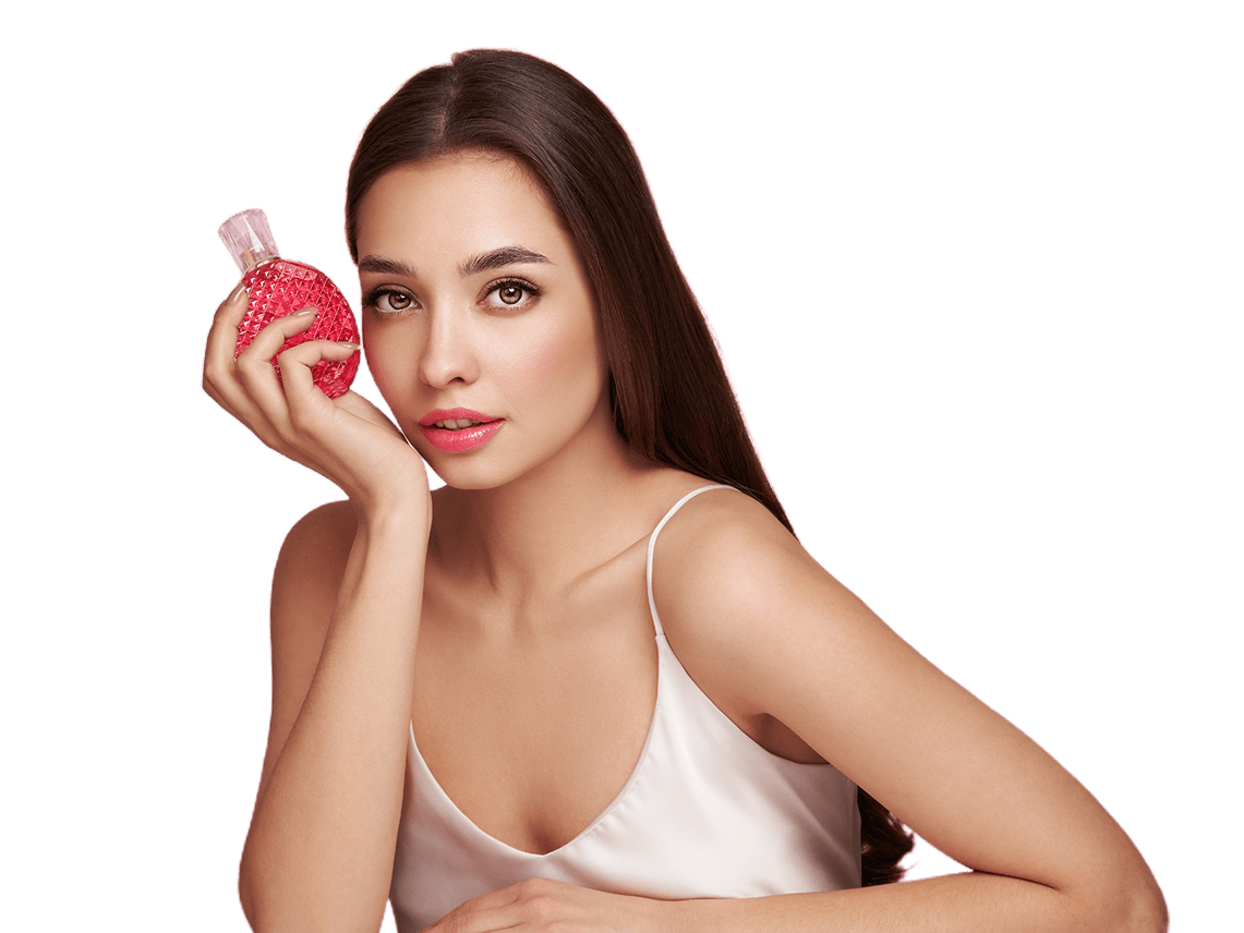 young beautiful woman with a bottle of perfume